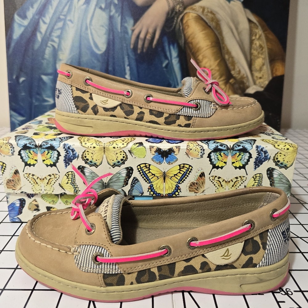 Sperry Tan and Pink Flats with Leopard Print